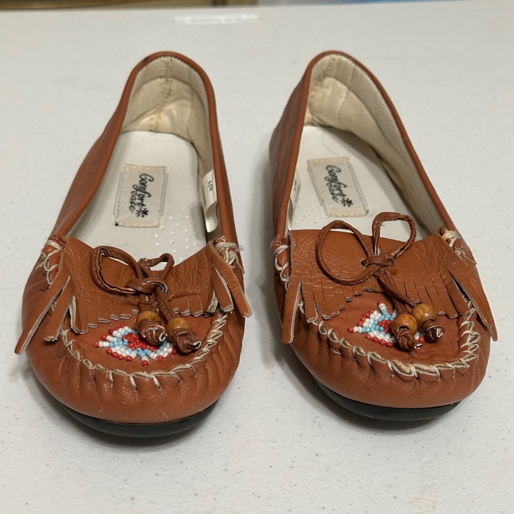 ComfortEase Beaded Fringe Western Moccasin Flats Leather‎ Boho Brown 6.5W
